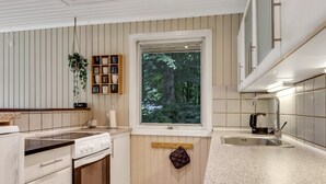 Eine moderne Küche mit Backofen, Spüle und einem Fenster mit Blick auf Bäume.