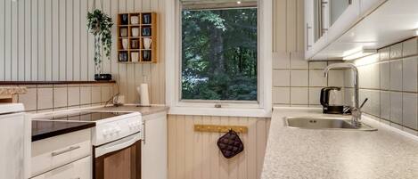 Fridge, microwave, dishwasher, cookware/dishes/utensils