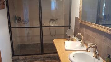 Shower, hair dryer, bidet, towels