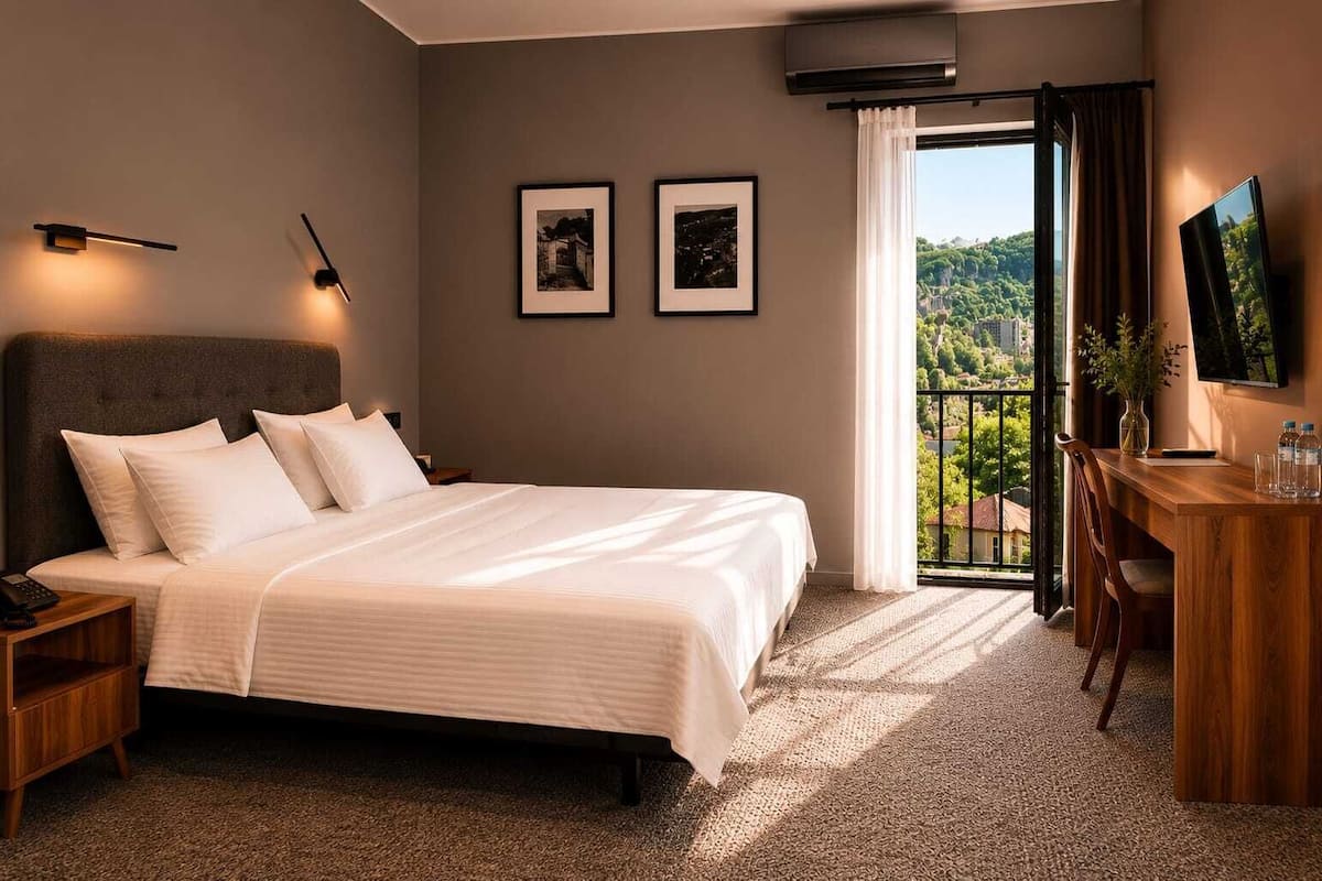 A hotel room with a bed, a desk, a TV, and a balcony with a view.