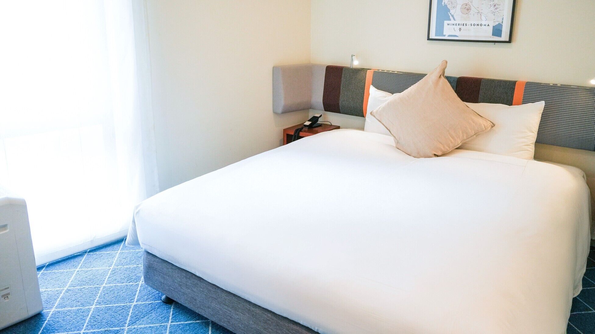 Habitación de hotel con una cama grande, una mesita de noche, una lámpara y un mapa enmarcado en la pared.