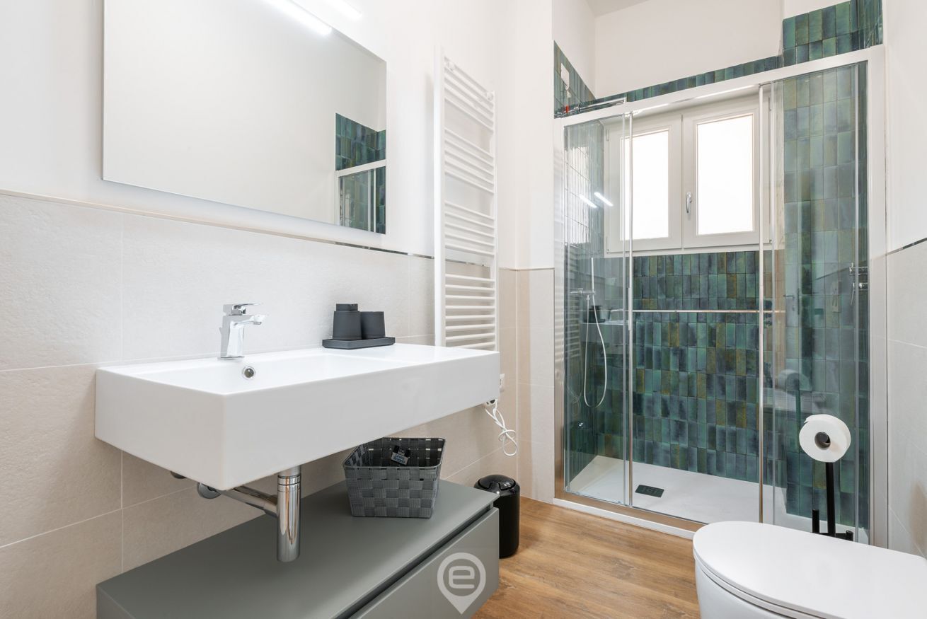 Shower, bidet, towels, shampoo