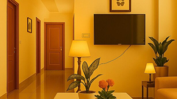 Eine Hotellobby mit einer Rezeption, einer Couch, einem Couchtisch mit Pflanzen und einem an der Wand befestigten Fernseher.