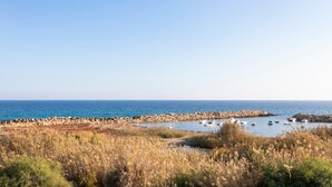A coastal landscape with a rocky shoreline, boats, and sparse vegetation.
