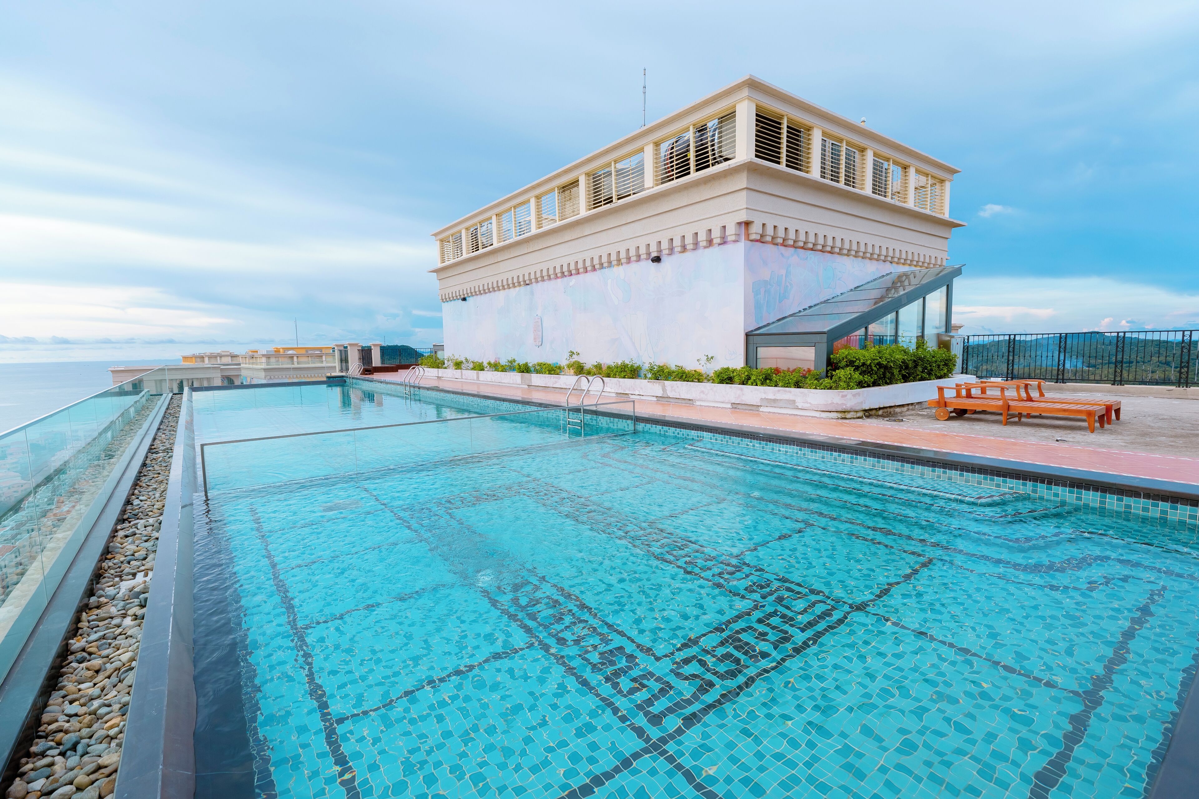 Outdoor pool, pool umbrellas, pool loungers