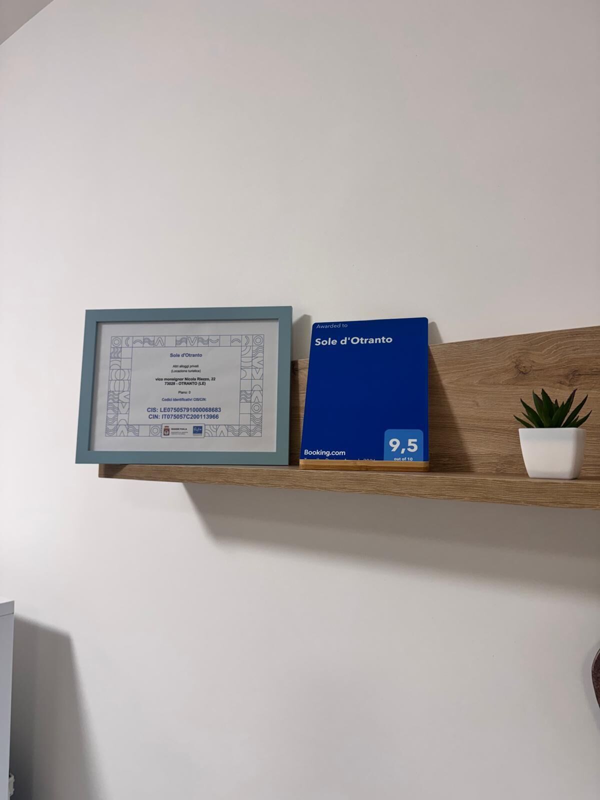 A framed certificate and a blue book titled 'Sole d'Otranto' on a shelf.