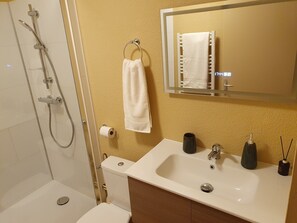 Shower, hair dryer, towels, soap