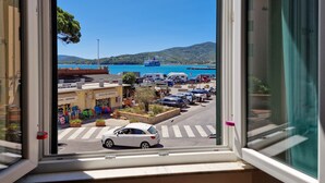 A view through a window of a coastal town with parked cars, a street crossing, and a ferry in the background.