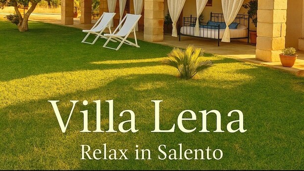 Villa Lena with a covered outdoor seating area, a bed, and a lawn.