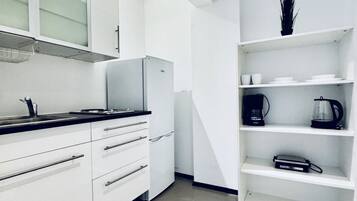 Fridge, stovetop, dishwasher, coffee/tea maker