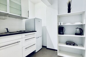 Fridge, stovetop, dishwasher, coffee/tea maker