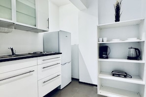 Fridge, stovetop, dishwasher, coffee/tea maker