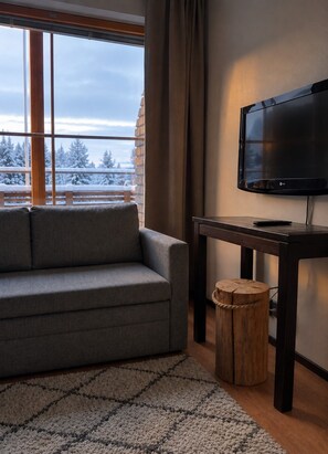 A modern living room with a grey sofa, a wooden coffee table, a television, and a view of a snowy landscape through large windows.