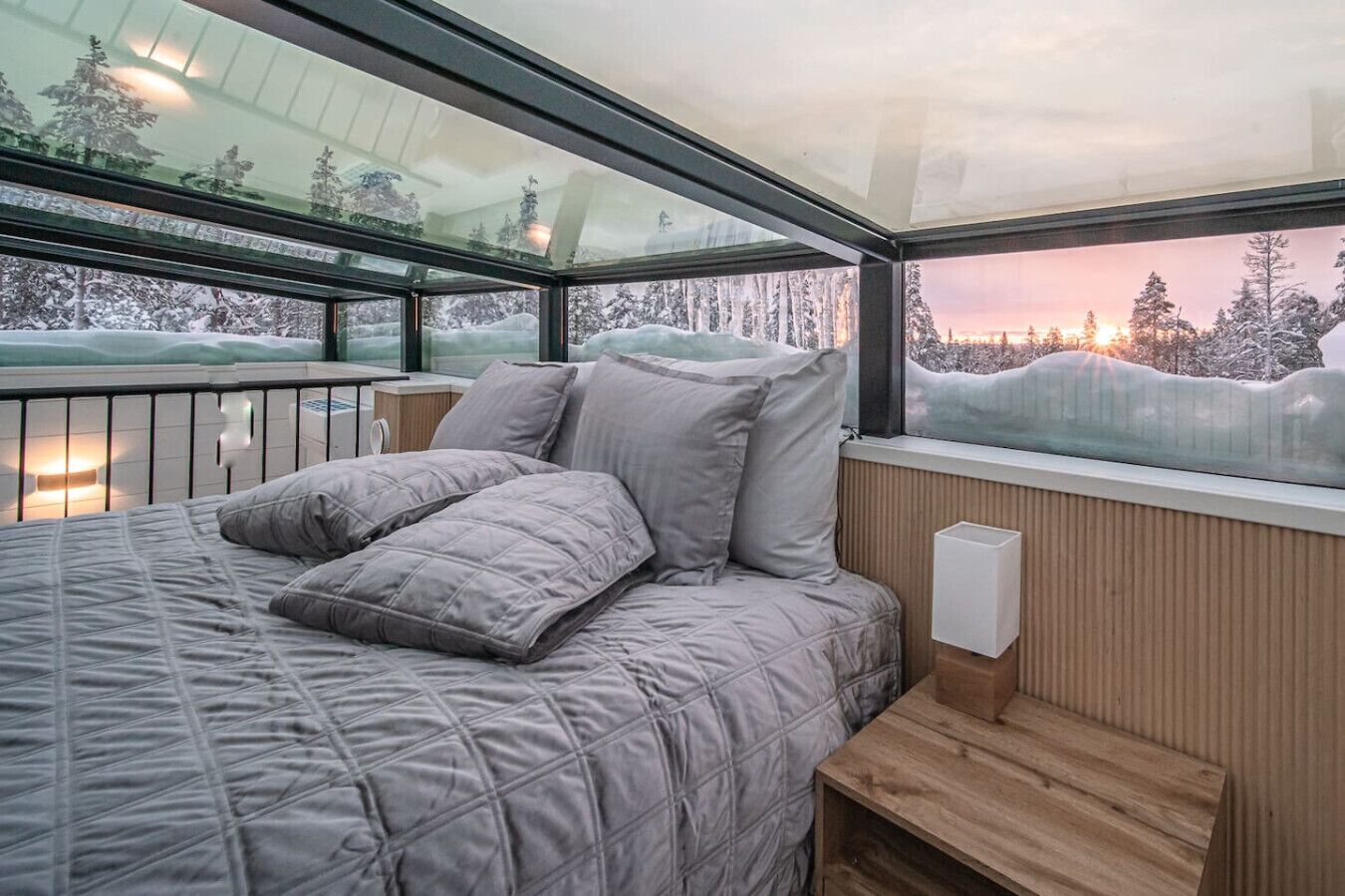 A bedroom with a glass ceiling, a bed with grey bedding, and a view of a snowy forest.