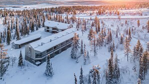A modern building with a flat roof, surrounded by a dense forest of snow-covered trees. - Aavalevi Aurora Gielas, Top Of The Mountain (Levi)
