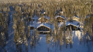 A snow-covered lodge with multiple cabins surrounded by dense forest.