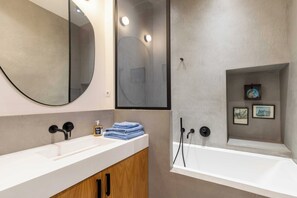 Hair dryer, towels, soap, toilet paper