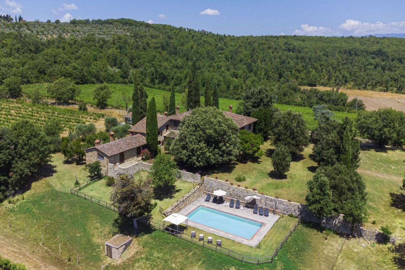 A villa with a swimming pool, surrounded by lush greenery and vineyards.