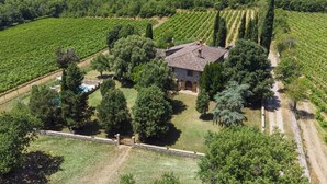 A vineyard estate with a stone building surrounded by rows of grapevines and trees.