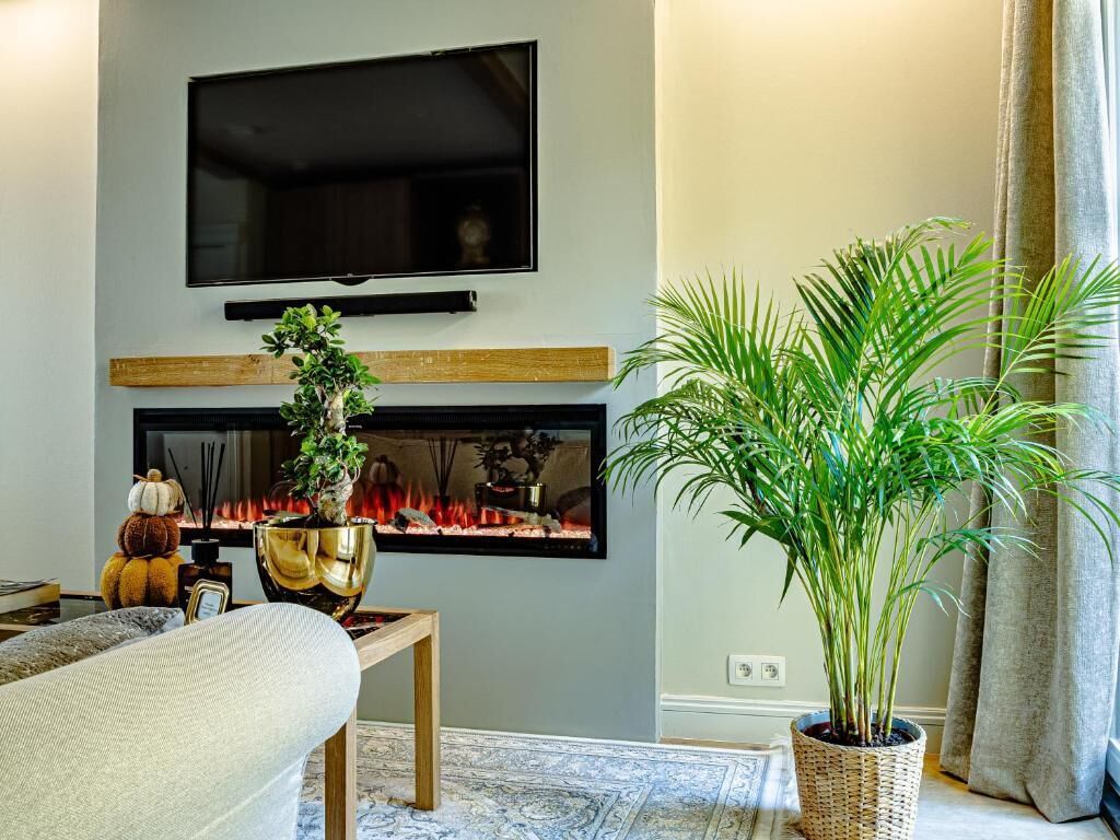 65-inch Smart TV with cable channels, fireplace