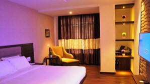 A hotel room with a large bed, a seating area with a chair and a small table, a TV, and a shelf with decorative items. - HOTEL FORTUNE BLUE (Sikar)