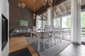 Classic Chalet, Courtyard View | Dining room - Scenic Lakeside Cabin in Tahko - Hot Tub (Tahkovuori)
