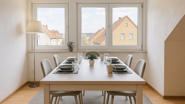 A dining area with a table set for six, three chairs on each side, a lamp, and a view of houses through large windows. - Modern Flat | washing machine, underfloor heating, rain shower (karlsruhe)