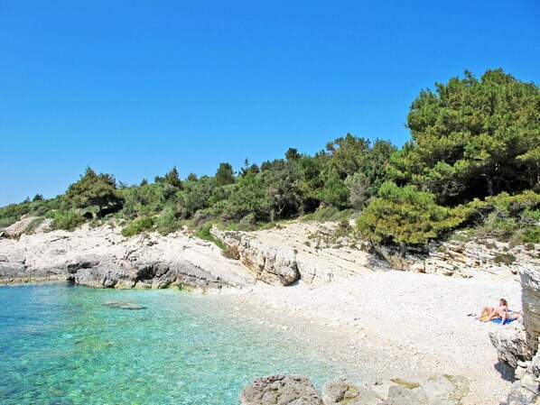 Ein Strand mit klarem türkisblauem Wasser, felsigem Gelände und üppigen, grünen Bäumen.