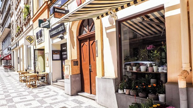A street with outdoor seating, a shop with a sign reading "PRIMATOR," and a flower shop with potted plants. - Milada (Prague)