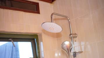 Hair dryer, towels, soap, toilet paper