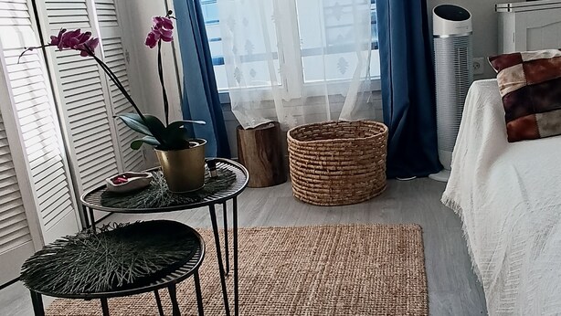 A bedroom with a bed, a window with curtains, a radiator, a small table with a plant, and a chair.