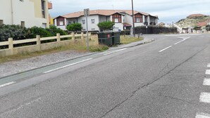 Eine Wohnstraße mit Häusern, einer Straßenlaterne und einem Fußgängerüberweg.
