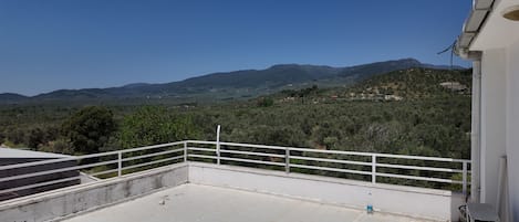 A balcony with a view of a mountainous landscape.