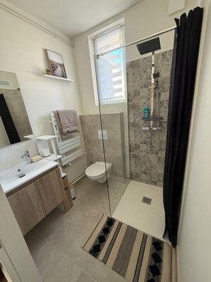 Hair dryer, towels, soap, toilet paper