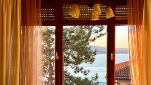 A room with a large window, curtains, and a view of a tree and a body of water.