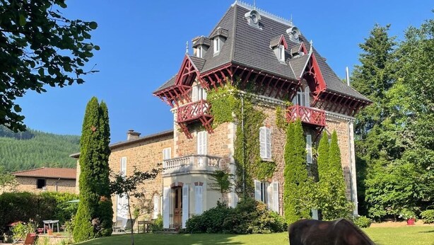 Ein großes, historisches Gebäude mit einer Steinfassade, roten Akzenten und einem Pferd, das im Vordergrund weidet.