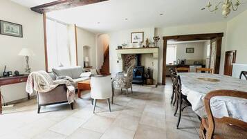 Télévision, cheminée, livres