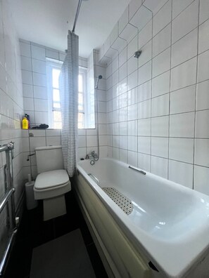 Hair dryer, bidet, towels, soap