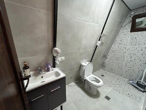 Secadora de cabello, toallas, jabón, papel de baño 