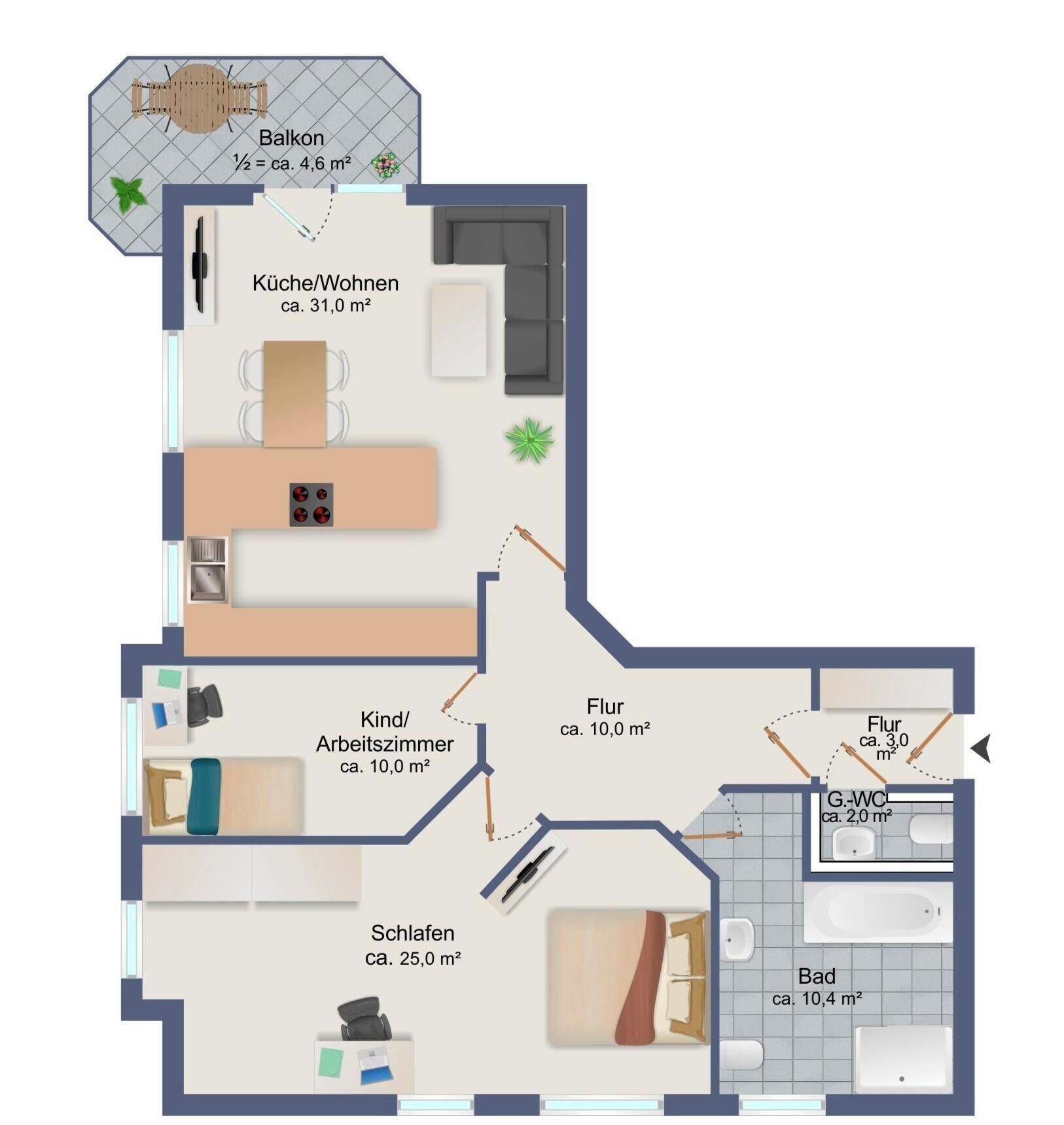A floor plan of a hotel with a balcony, kitchen, living room, workspace, bathroom, and bedroom.
