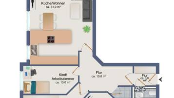 A floor plan of a hotel with a balcony, kitchen, living room, workspace, bathroom, and bedroom.