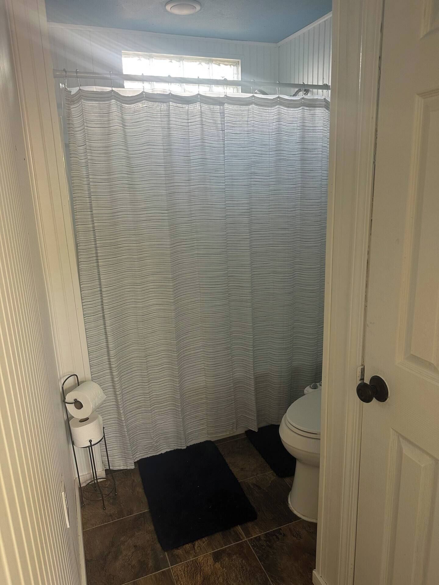 Une salle de bain avec un rideau de douche à rayures, des toilettes et un tapis noir sur le sol.
