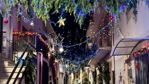 Uma rua estreita com edifícios em ambos os lados, decorada com luzes e plantas.