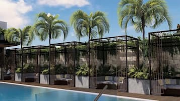 Outdoor pool, pool umbrellas, pool loungers