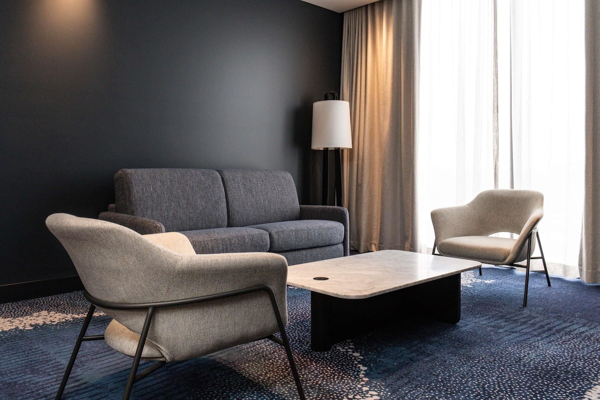 Suite presidencial, 1 cama de matrimonio grande | Zona de estar | Smart TV de 65 pulgadas con canales digitales