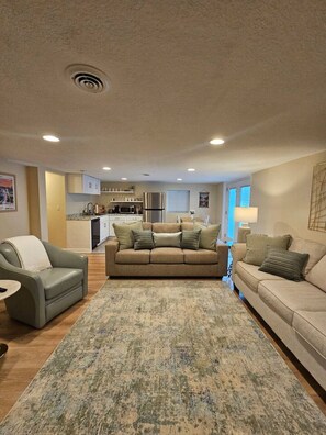 Smart TV, fireplace, books