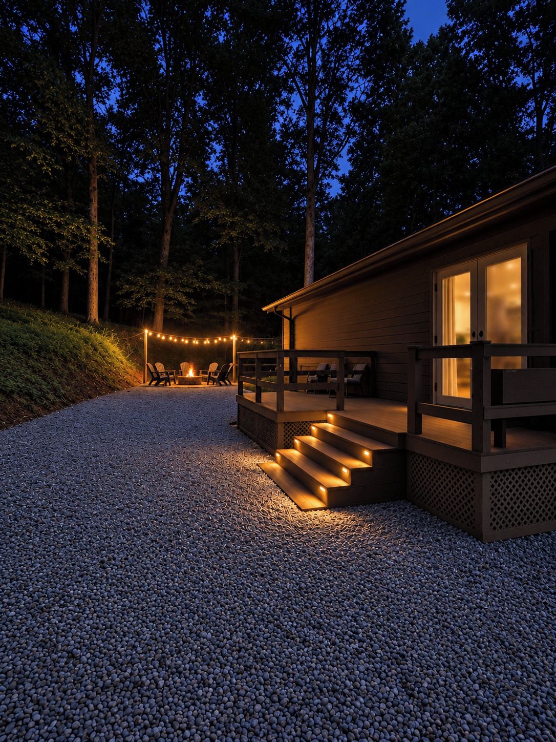 Een houten chalet met een terras en een zitgedeelte buiten, omringd door bomen en grind.