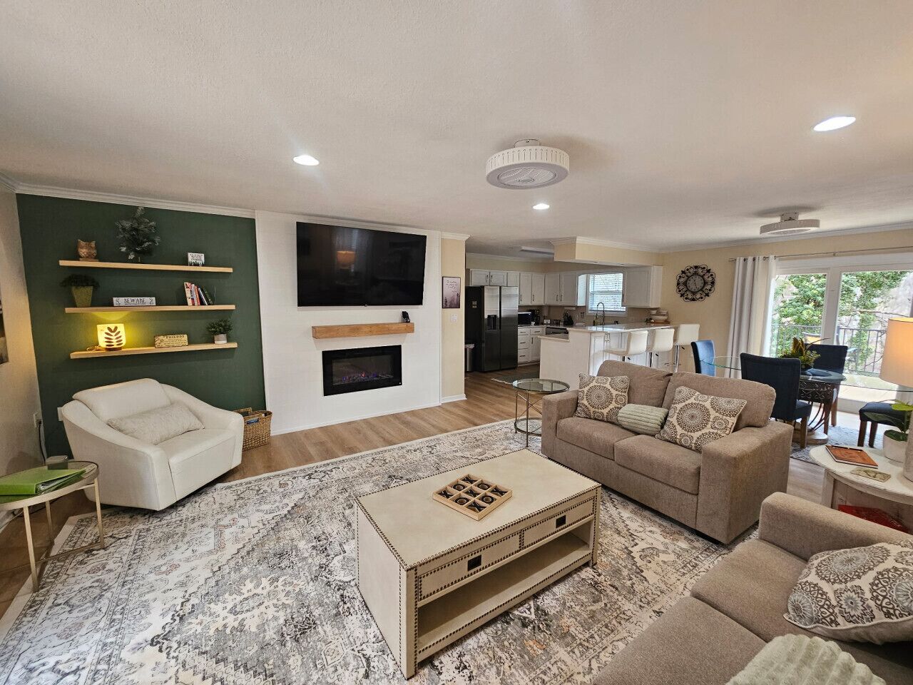 Smart TV, fireplace, books