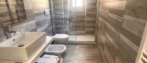 Shower, hair dryer, bidet, towels