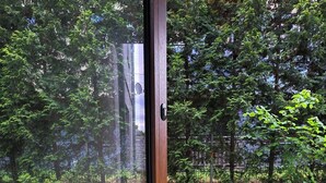 A glass door leading to an outdoor area with a grassy lawn and trees.